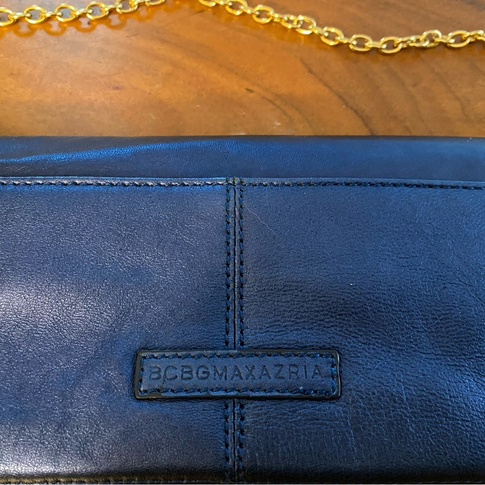 NWOT. BCBG Maxazria navy blue (shimmery look) clutch/shoulder strap handbag. - Picture 5 of 13
